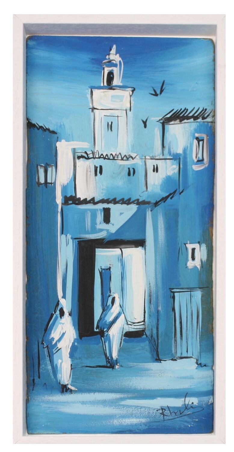 Streets of Fez- Textured Multi-Media Hand painted Canvas in a White Frame