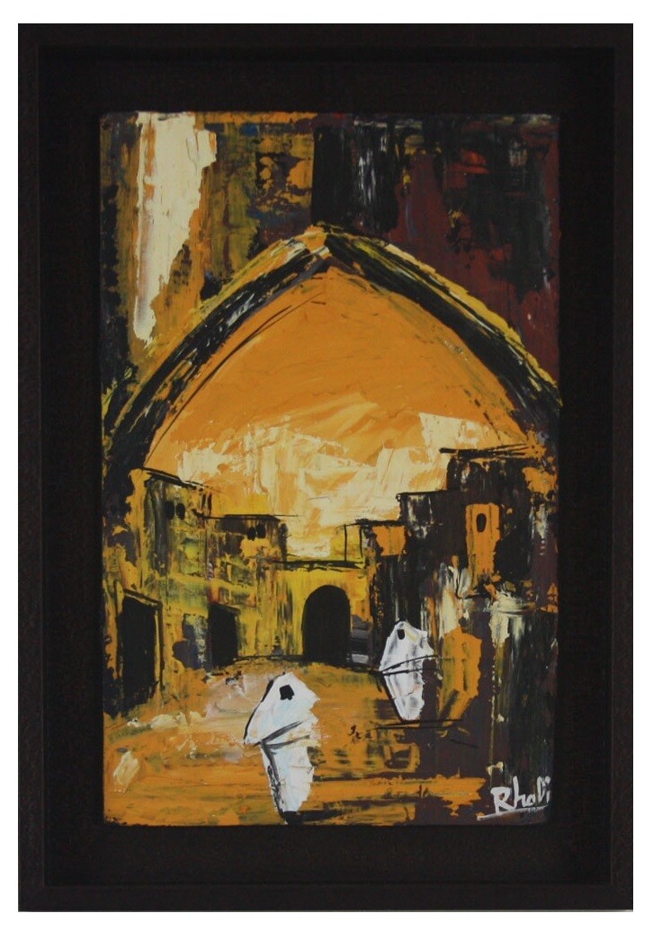 Streets of Fez- Textured Multi-Media Hand painted Canvas in a Brown Frame