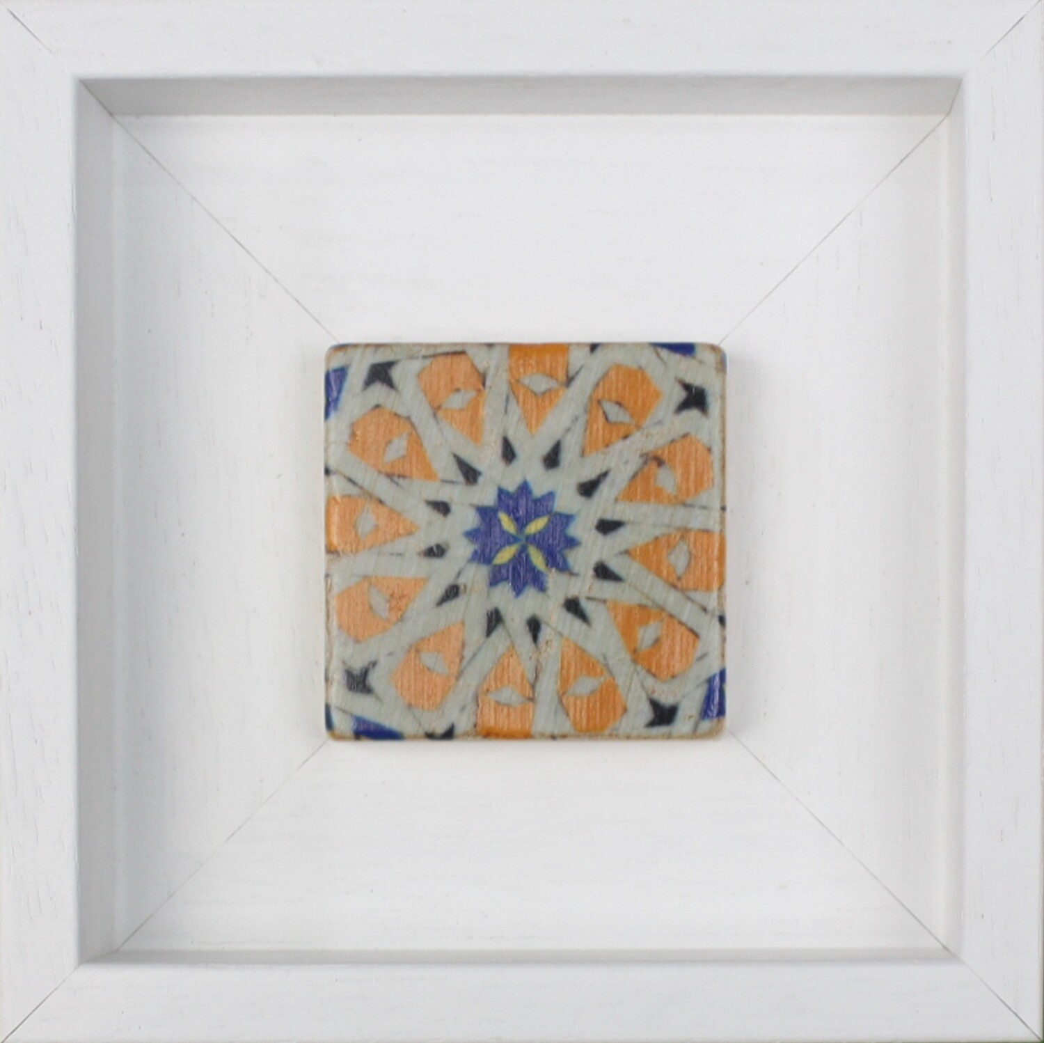 Blue &amp; Yellow Persian Girih Style Geometric Design Stone Art, Frame Colour: White, Size: Mini