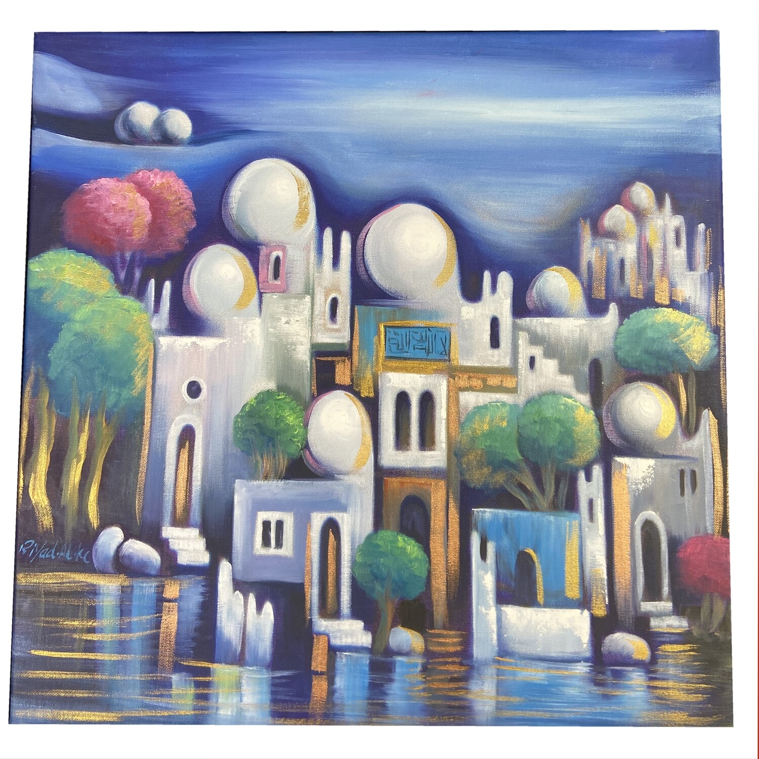 Abstract Houses & Domes Blue Design Original Hand Painted Canvas