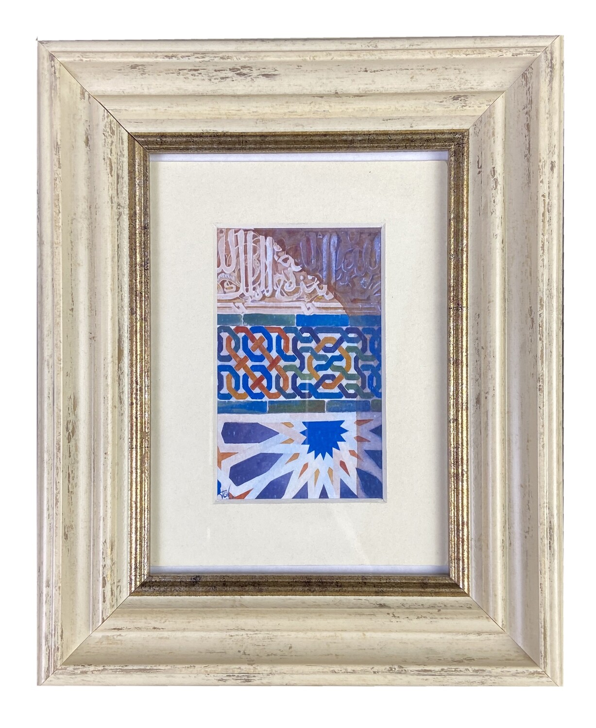 Al-Hambra Geometric Handpainted Design in Cream Distressed Frame
