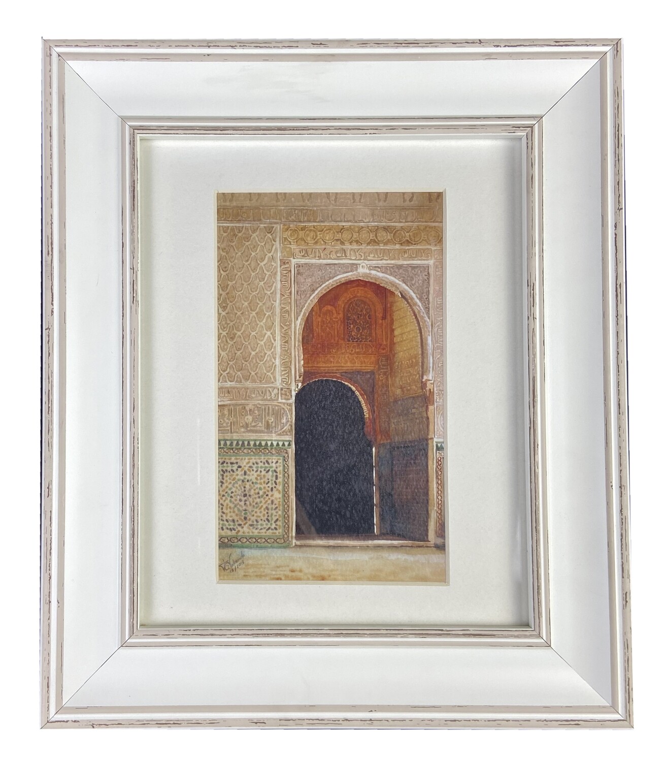 Al-Hambra Doorway Handpainted Design in White Distressed Frame