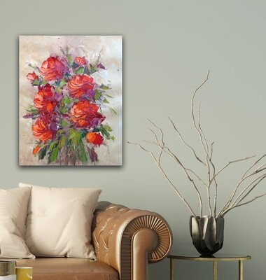 Flowers Oil Painting Red Original Hand Painted Canvas