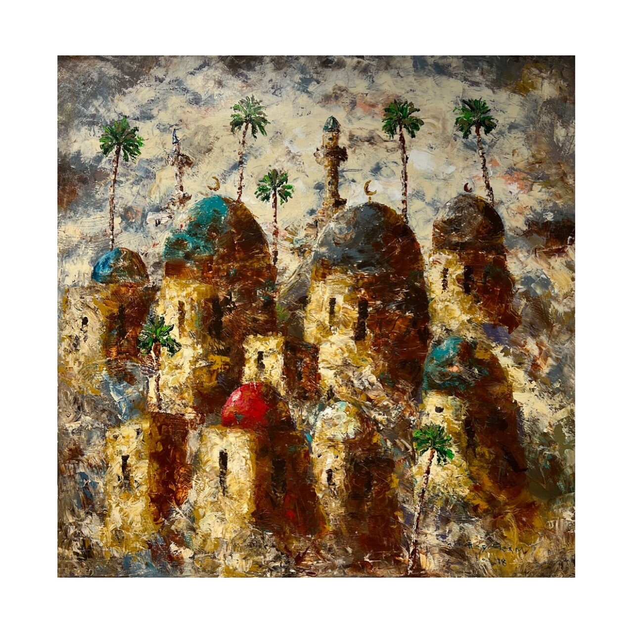 Palm Trees & Domes Abstract Collage Original Hand Painted Canvas