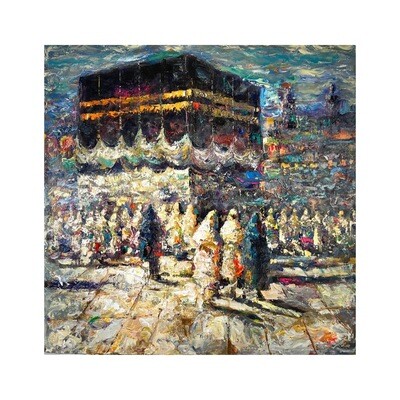 Kaaba - Circumambulating Haji's- Multi-coloured Textured Oil Painting