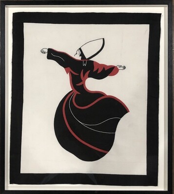 Black &amp; Red Whirling Dervish Hand-Stitched Appliqué Mount Black Museum Frame