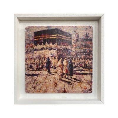 Kaaba &amp; Hujjaj Multi-coloured Stone Art, Frame Colour: Black, Size: Medium