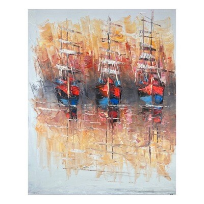 Red Ships at Sea -  Knife Art Oil Painting