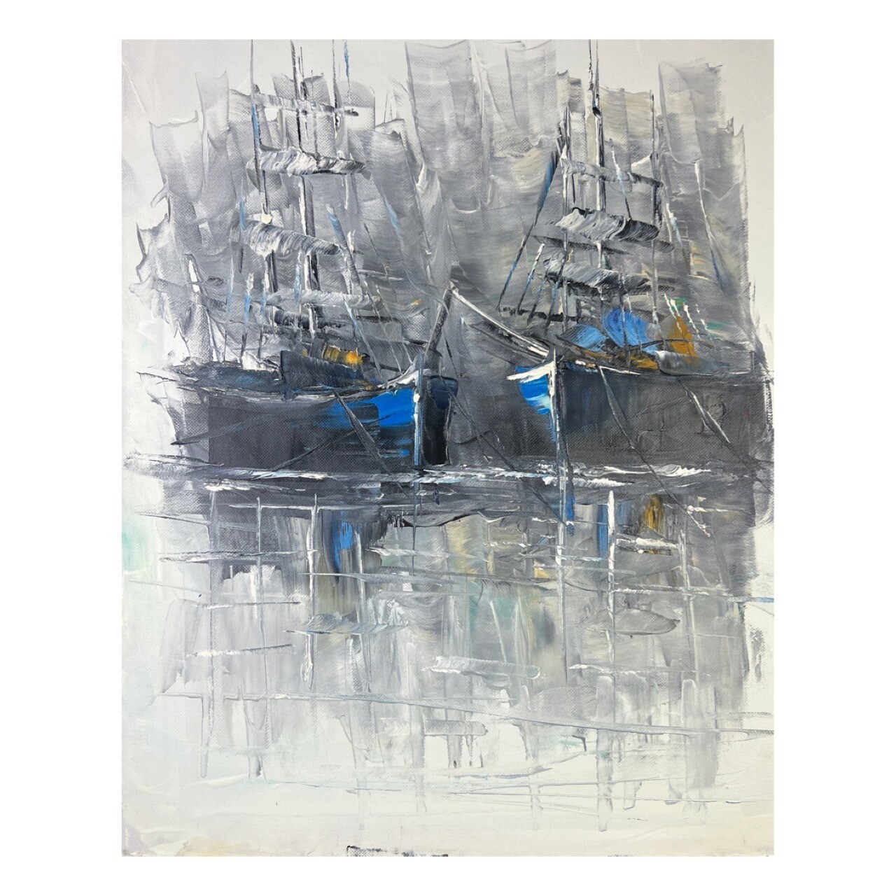 Grey Blue Ships at Sea -  Knife Art Oil Painting