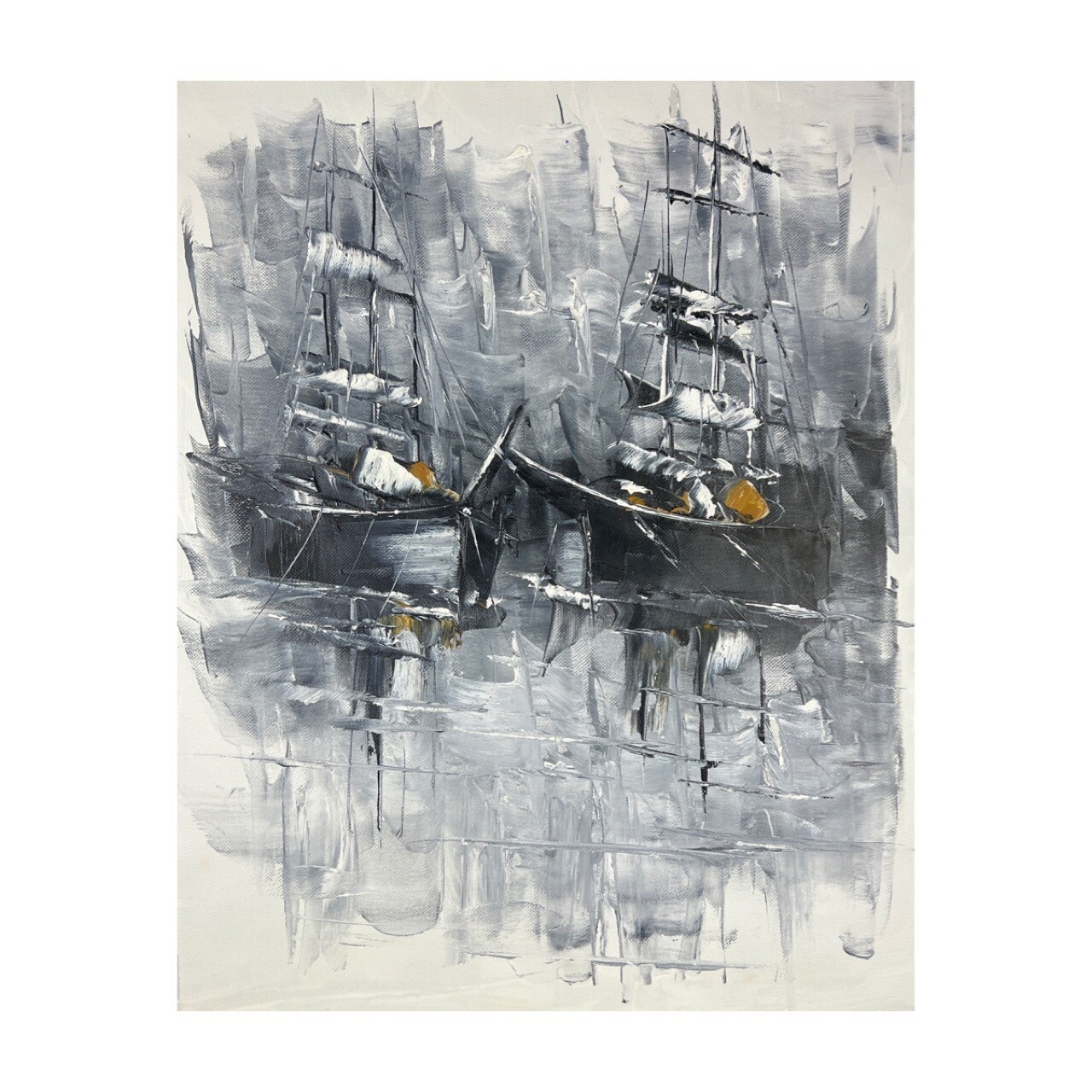 Grey Ships at Sea -  Knife Art Oil Painting