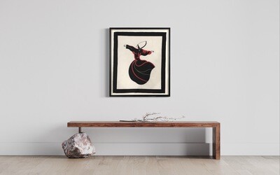 Black &amp; Red Whirling Dervish Hand-Stitched Appliqué Mount Black Museum Frame
