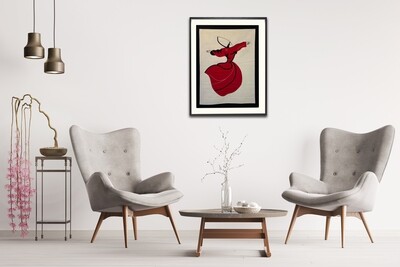 Red & Black Whirling Dervish Hand-Stitched Appliqué Mount Black Museum Frame