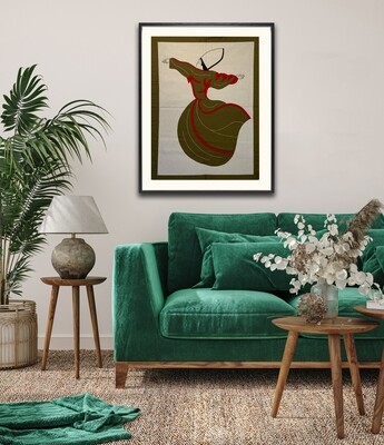 Olive Green & Red Whirling Dervish Hand-Stitched Appliqué Mount Black Museum Frame