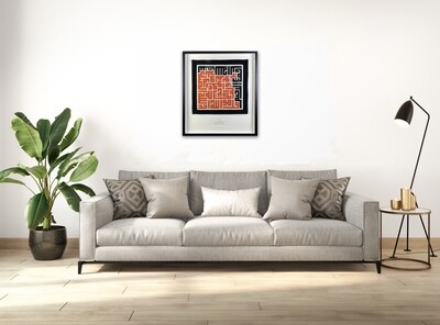 Surah Al-Ikhlas Square Kufic Orange &amp; Black Appliqué White Museum Frame