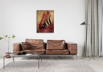 Allah Black Stylistic Calligraphy Red Brush strokes on antiqued Tan Original Giclée Canvas