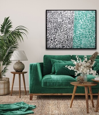 Modern Random Arabic Letters Green/Black Original Giclée Canvas Clearance