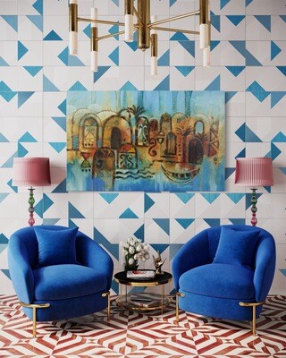 Abstract Domes & Palm Tree Collage Original Hand Painted Canvas