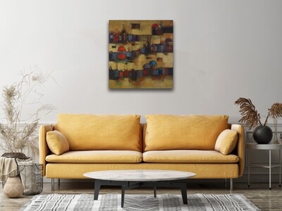 Abstract Village Market Collage Mixed Media Original Hand Painted Canvas