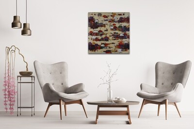 Abstract Village Market Collage Mixed Media Original Hand Painted Canvas