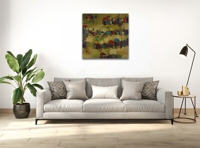 Abstract Village Market Collage Mixed Media Original Hand Painted Canvas