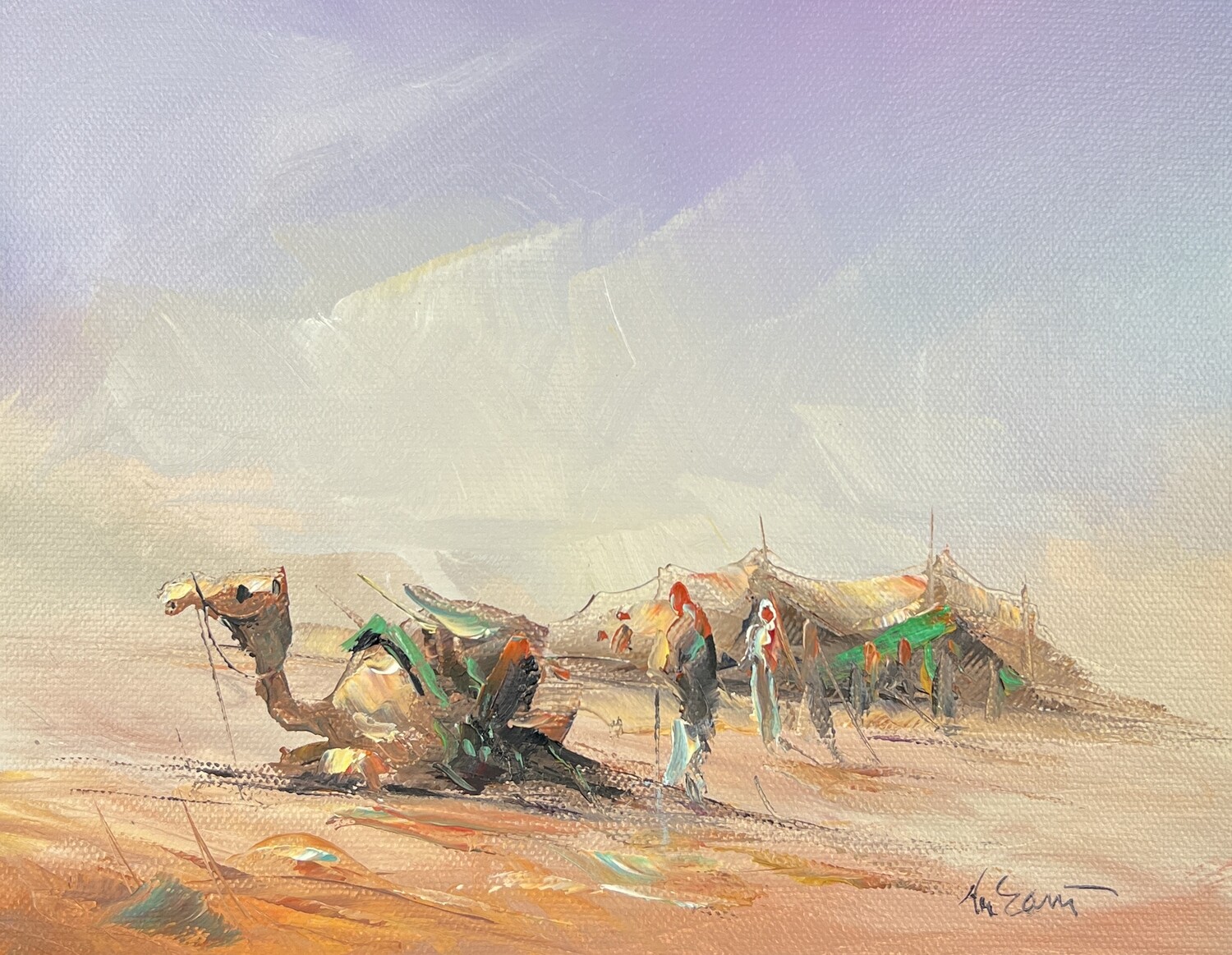 Bedouin Tent, Family & Camel - Knife Art Oil Painting
