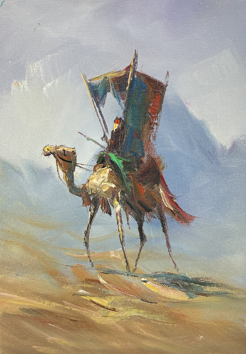 A Bedouin Lady in her Hawdaj - Knife Art Oil Painting in Distressed Frame