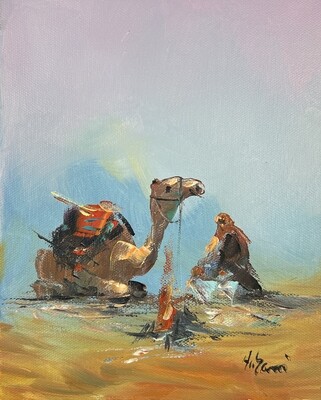 A Bedouin resting with his Camel - Knife Art Oil Painting