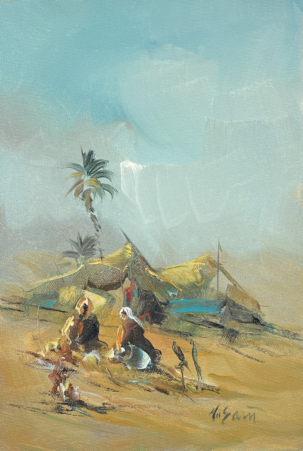 Bedouin Couple &amp; Tent - Knife Art Oil Painting in Distressed Frame
