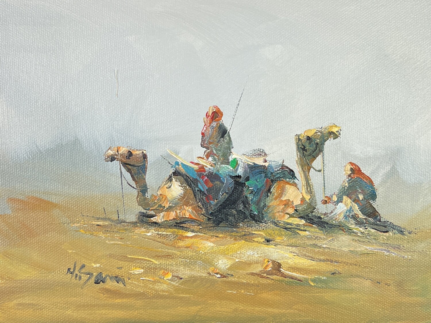 Two Bedouins &amp; Camels - Knife Art Oil Painting, Frame: Un-framed