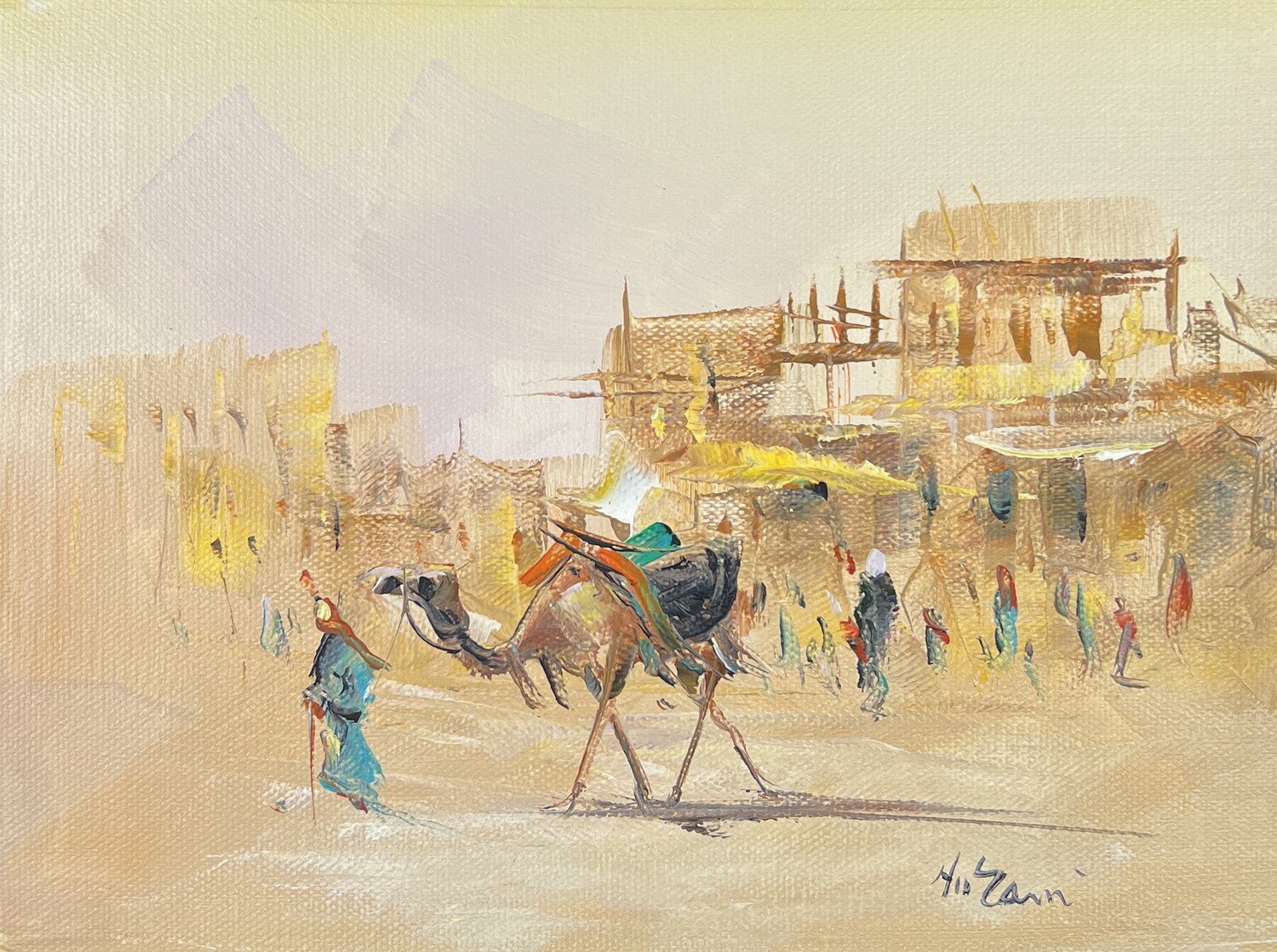 Bedouin, Camel &amp; Village - Knife Art Oil Painting, Frame: Un-framed