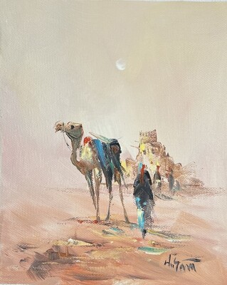 Bedouin, Camel & Village - Knife Art Oil Painting