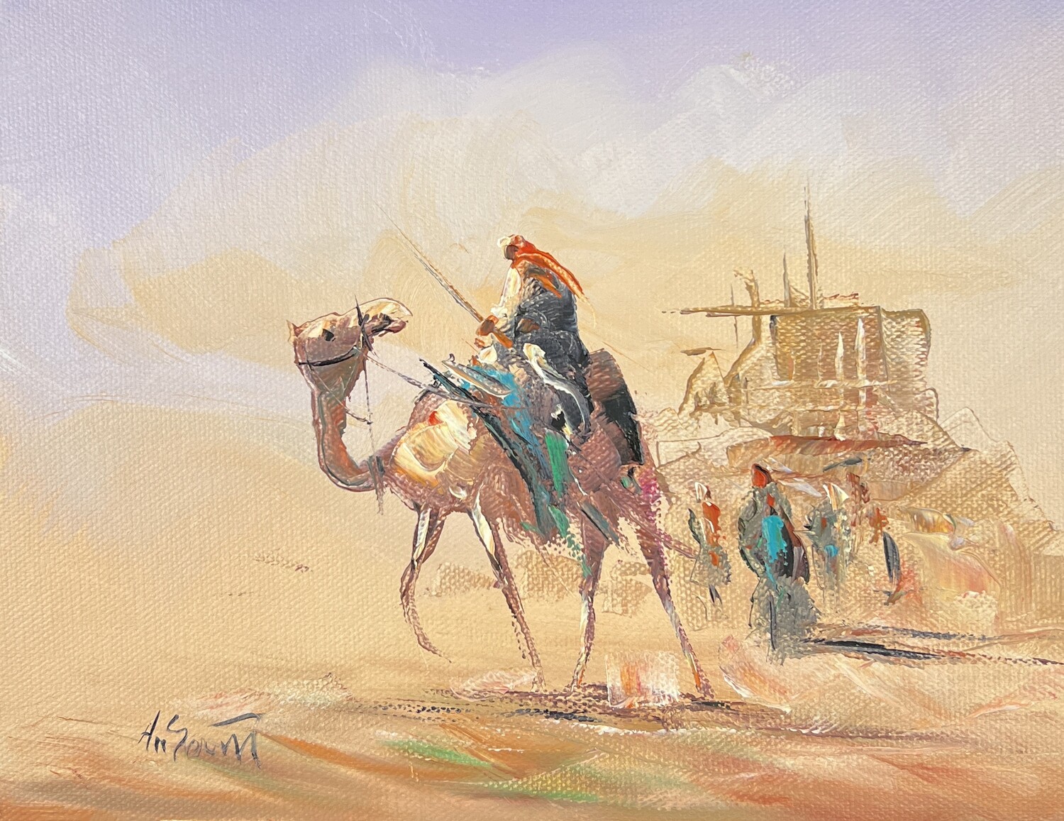 Bedouin Rider, Villagers &amp; Village - Knife Art Oil Painting in Pink Distressed Frame