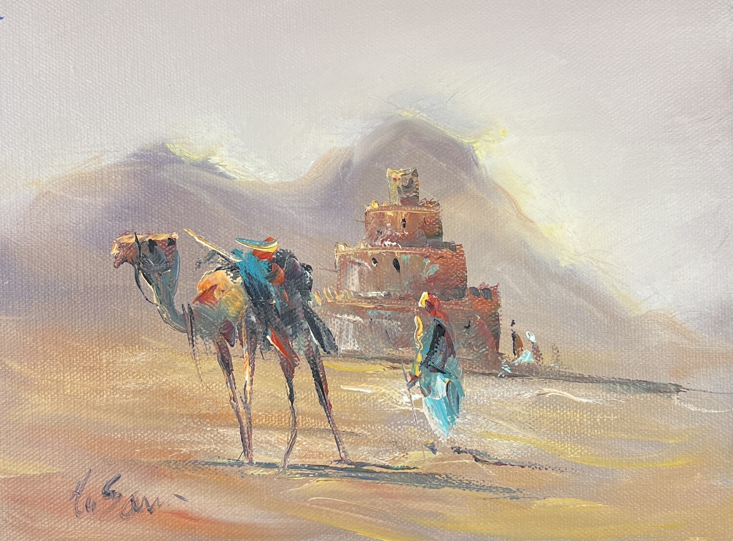 Bedouin, Camel & Mosque - Knife Art Oil Painting