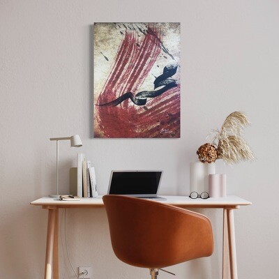 Muhammad Black Stylistic Calligraphy Red Brush strokes on antiqued Tan Original Giclée Canvas