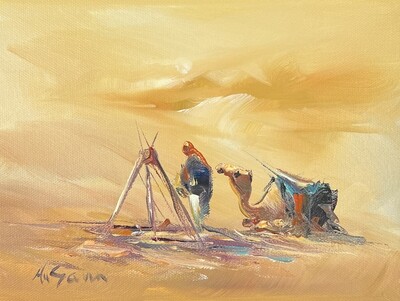 Rider & Camel Campfire - Knife Art Oil Painting
