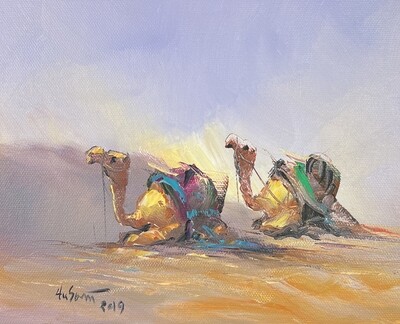 Two Desert Camels - Knife Art Oil Painting