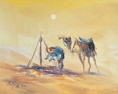 Bedouin Rider & Camel at a Well - Knife Art Oil Painting
