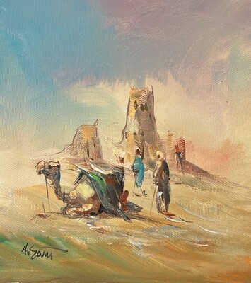 Desert Bedouins, Camel & Village - Knife Art Oil Painting