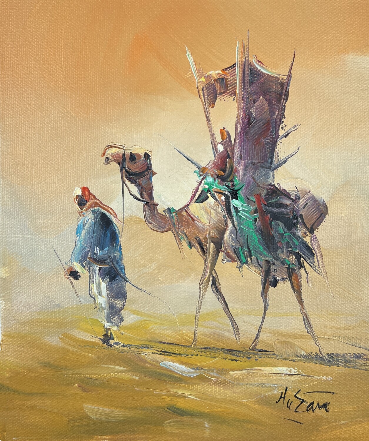 Desert Bedouin &amp; Lady on Camel - Knife Art Oil Painting