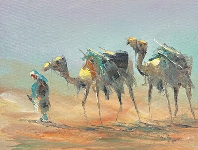 Camels & Bedouin Traveller - Knife Art Oil Painting