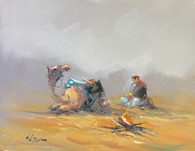 Desert Traveller, Camel by a Campfire - Knife Art Oil Painting