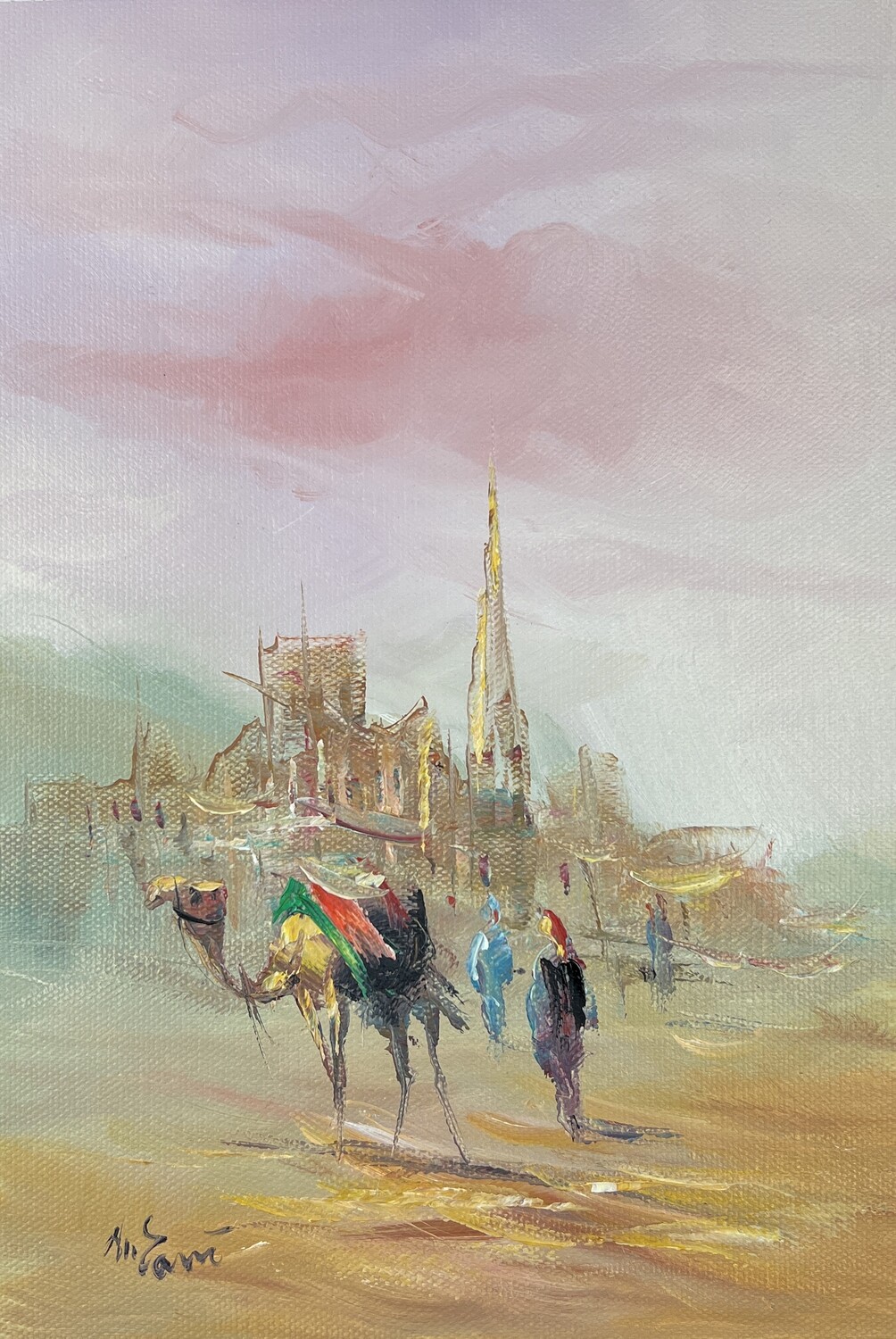 Village, Dwellers &amp; Camel - Knife Art Oil Painting in White Distressed Frame