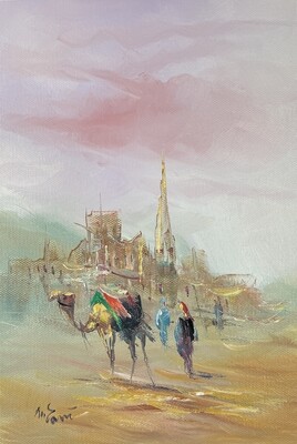 Village, Dwellers & Camel - Knife Art Oil Painting