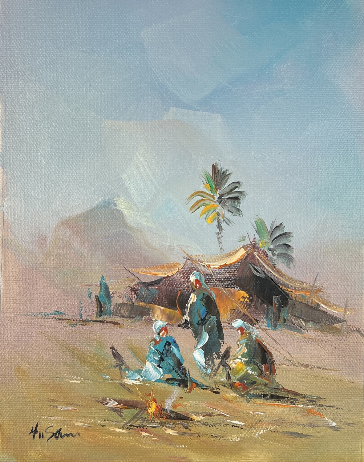 Desert Bedouins &amp; Tent - Knife Art Oil Painting, Frame: Un-framed
