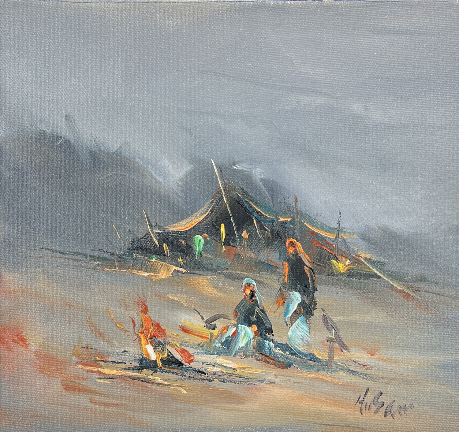 Desert Travellers, Campfire & Tent - Knife Art Oil Painting