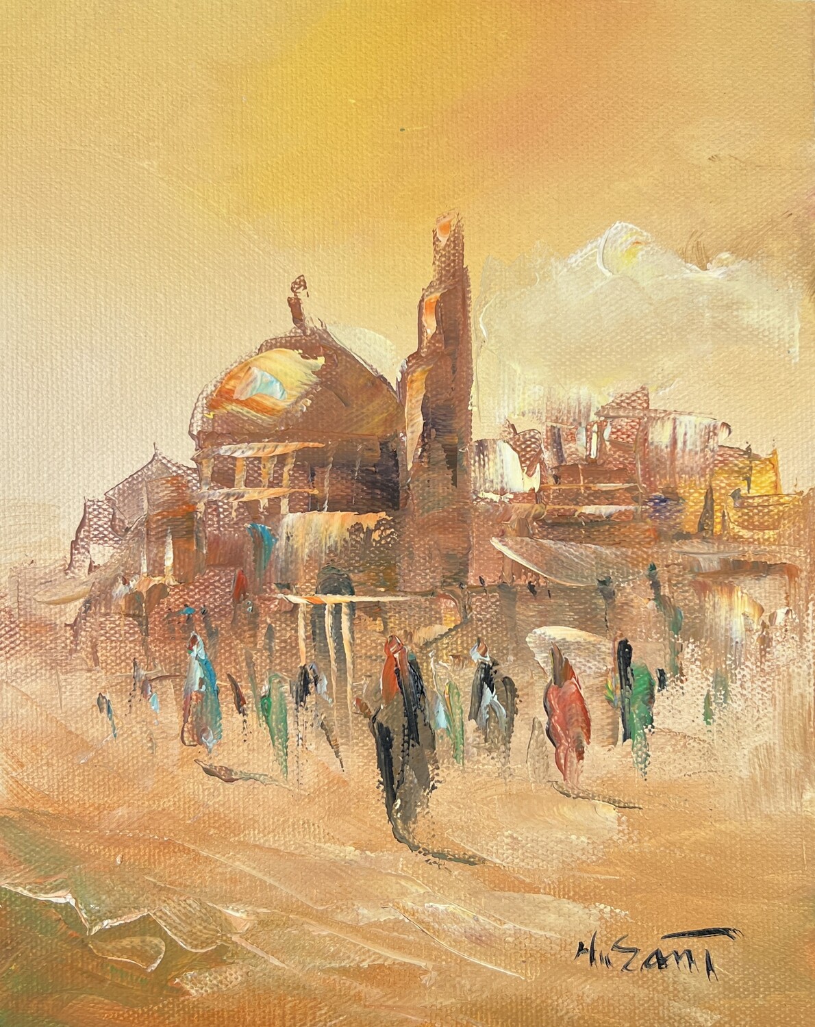 Desert Villagers and Mosque - Knife Art Oil Painting in white Distressed Frame