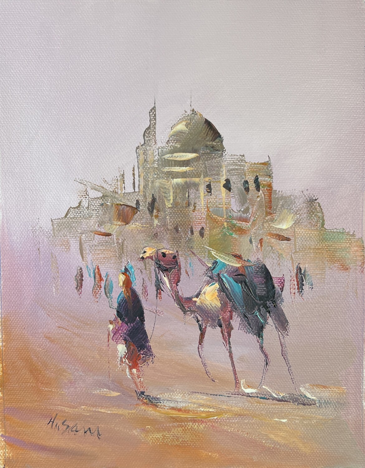 Desert Villagers and Mosque - Knife Art Oil Painting