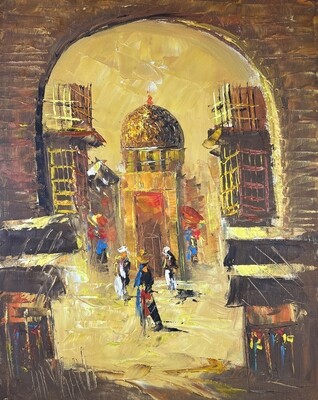 Village, Mosque & Dwellers -  Knife Art Oil Painting