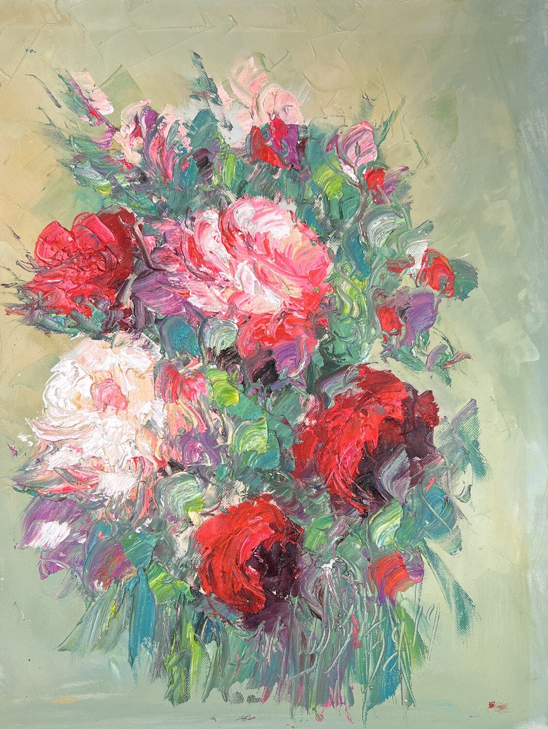 Flower Bouquet Beige - Knife Art Oil Painting