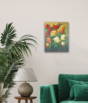Flower Bouquet Green - Knife Art Oil Painting